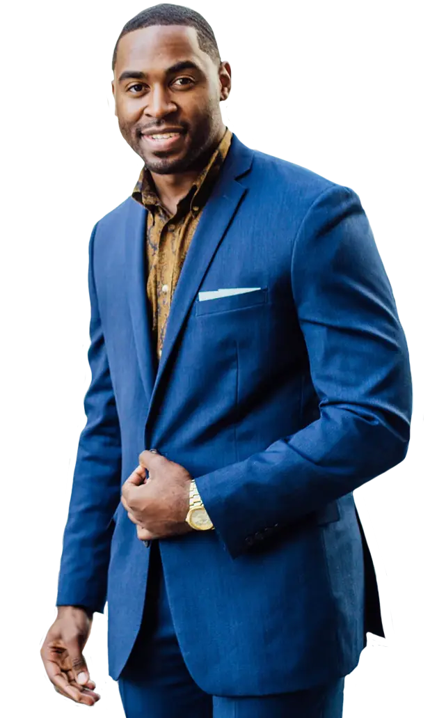 insurance man standing in a blue suit
